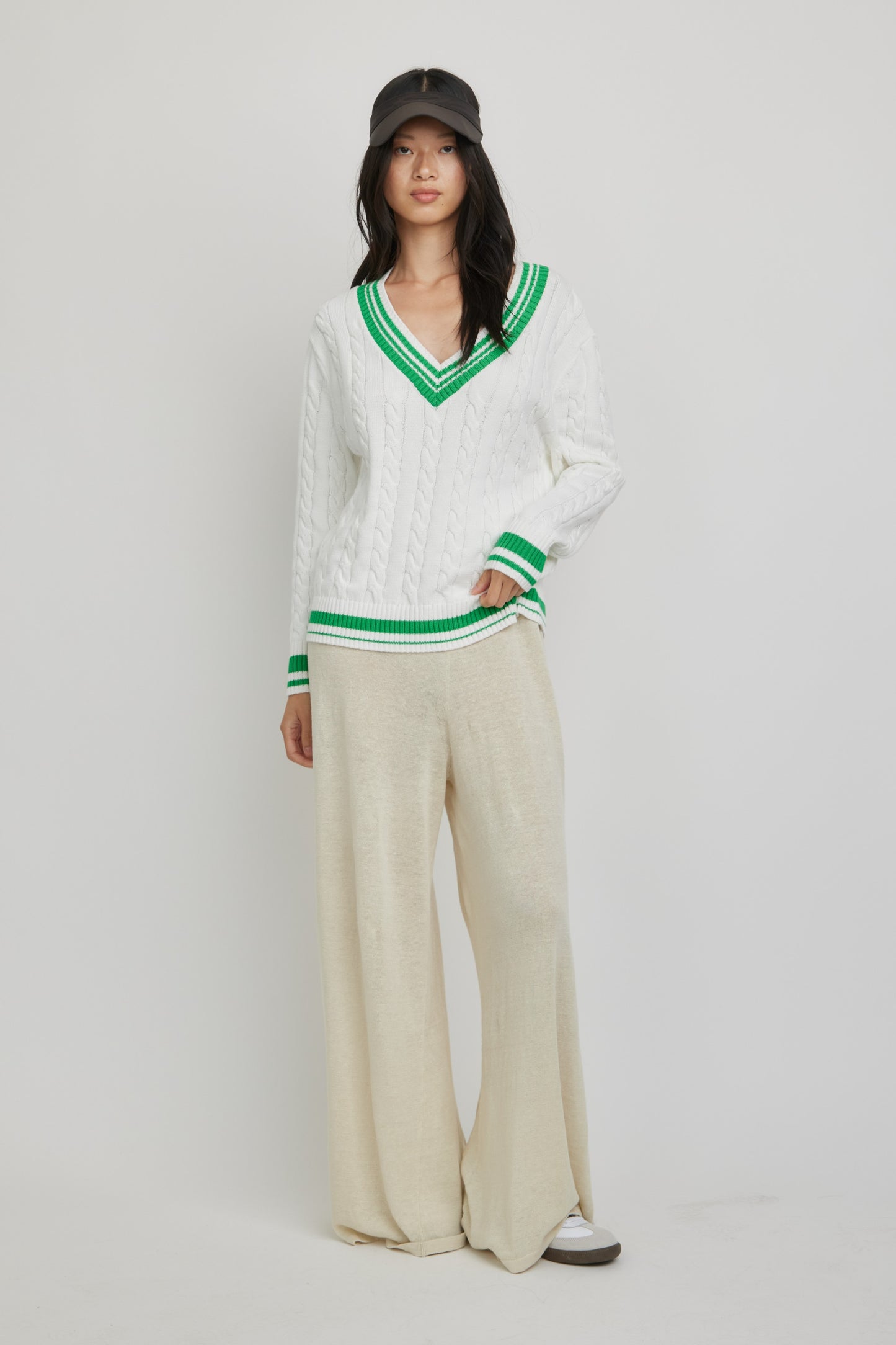 Freya V-Neck Tennis Sweater | Ivory/Green