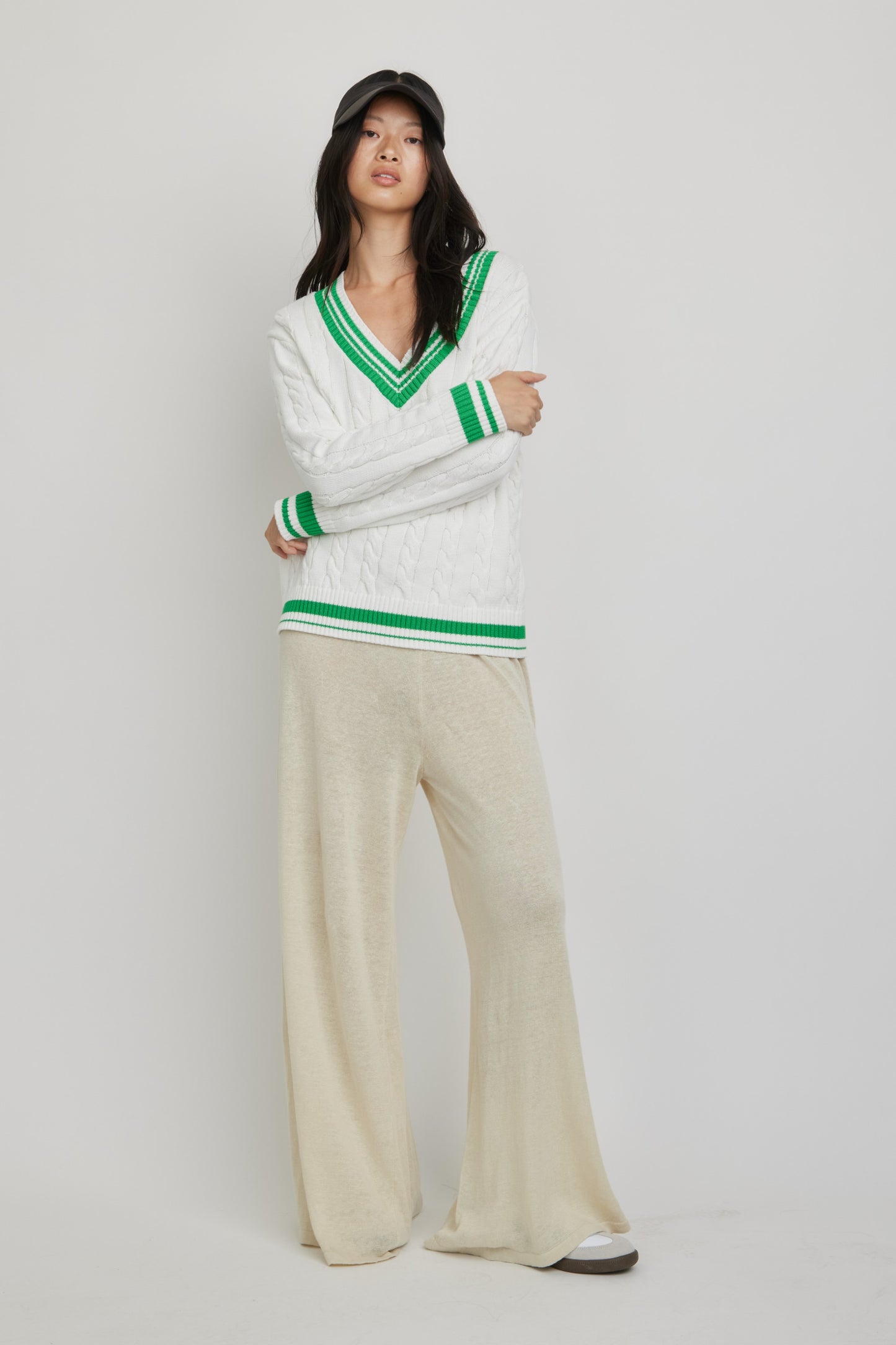 Freya V-Neck Tennis Sweater | Ivory/Green