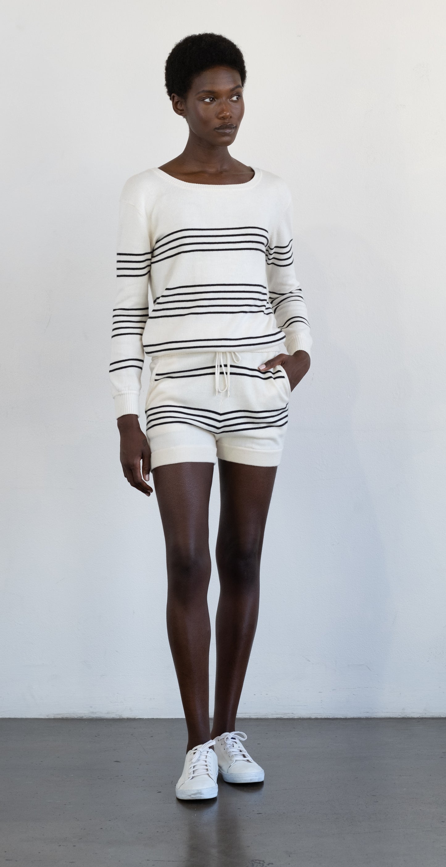 Saint Martins Cashmere Striped Crew | Ivory