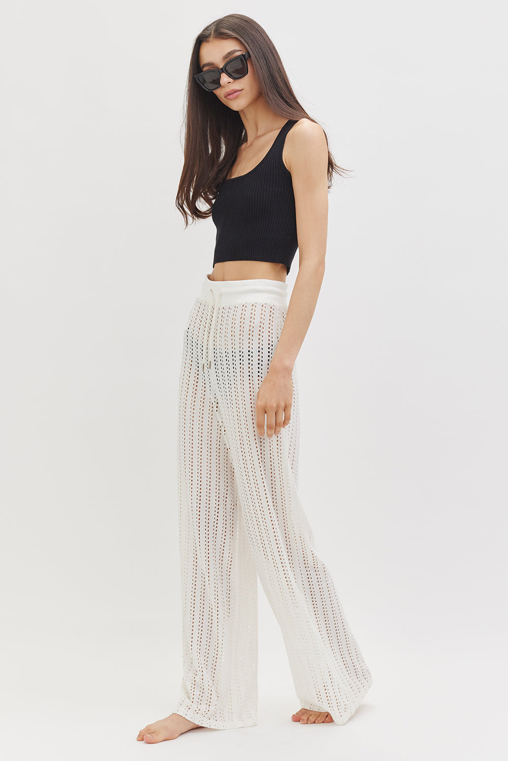 Women's Crochet Beach Cover Up Pants with Drawstring Waist – Sheer Swimwear Coverup Trousers