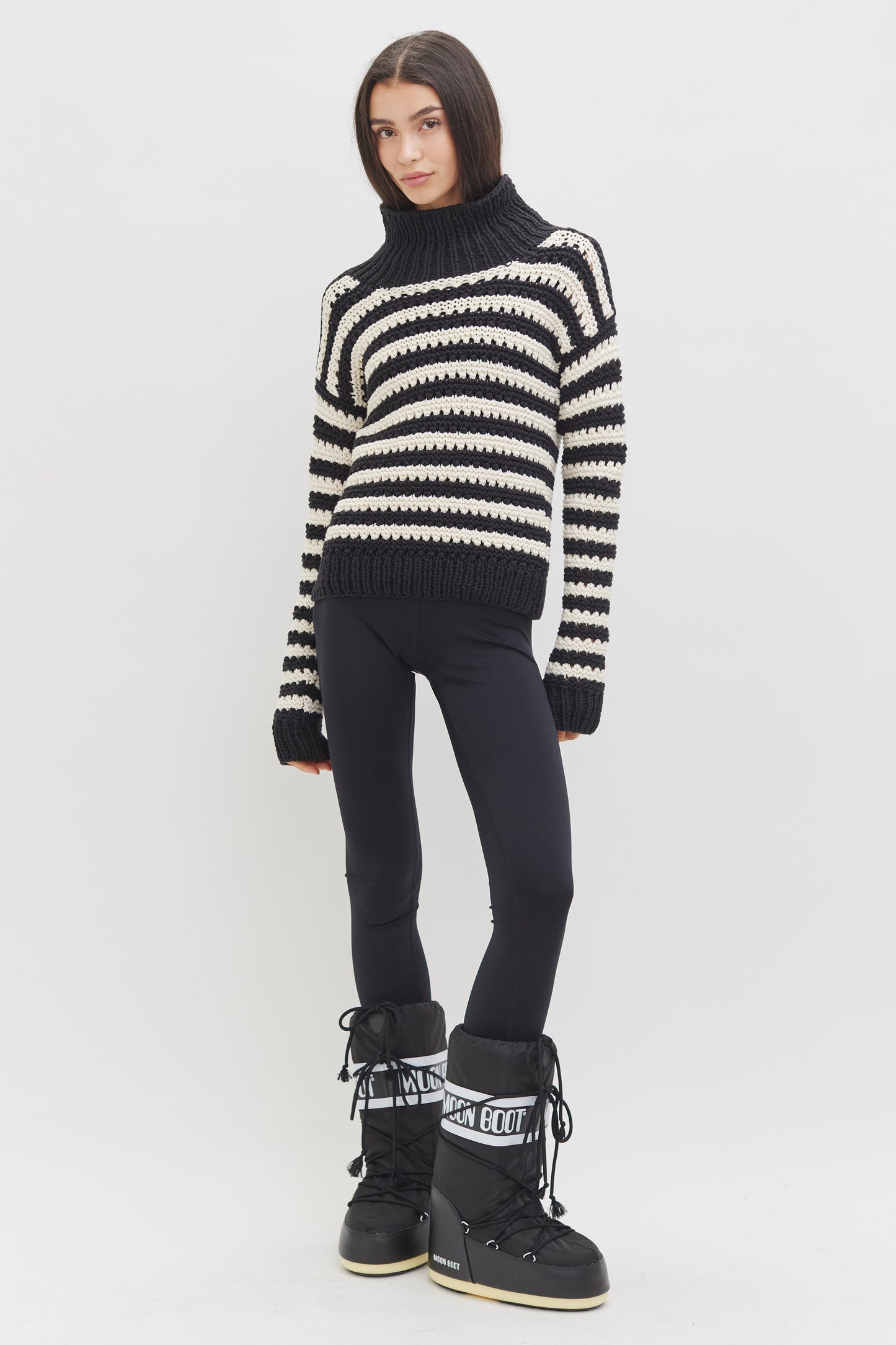 Moa handknit striped chunky eyelet cashmere turtleneck | Black