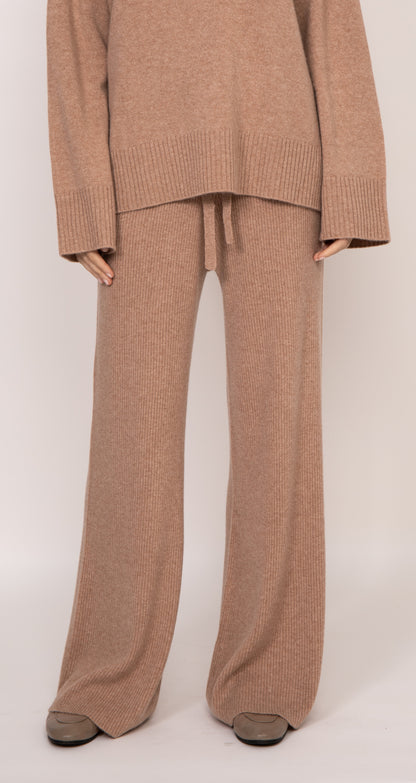 Maya ribbed cashmere wide leg pants | Almond