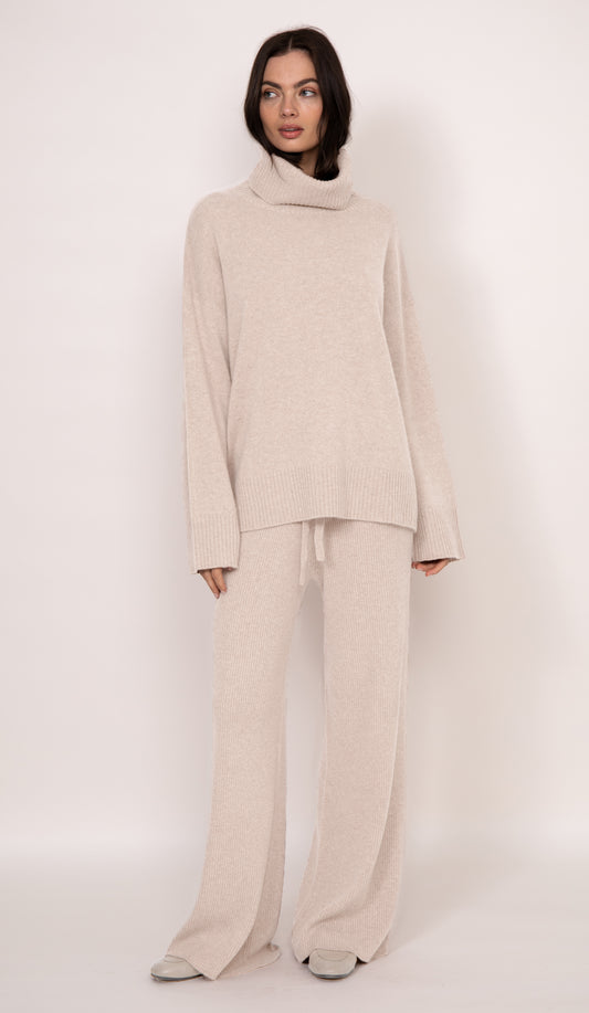 Maya ribbed cashmere wide leg pant | Champagne