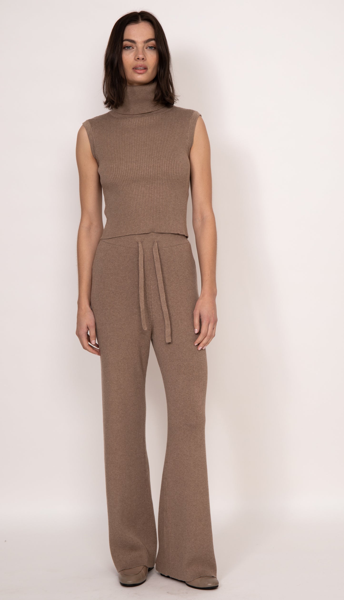 Rumi Ribbed Cashmere Blend Wide Leg Pants | Mocha