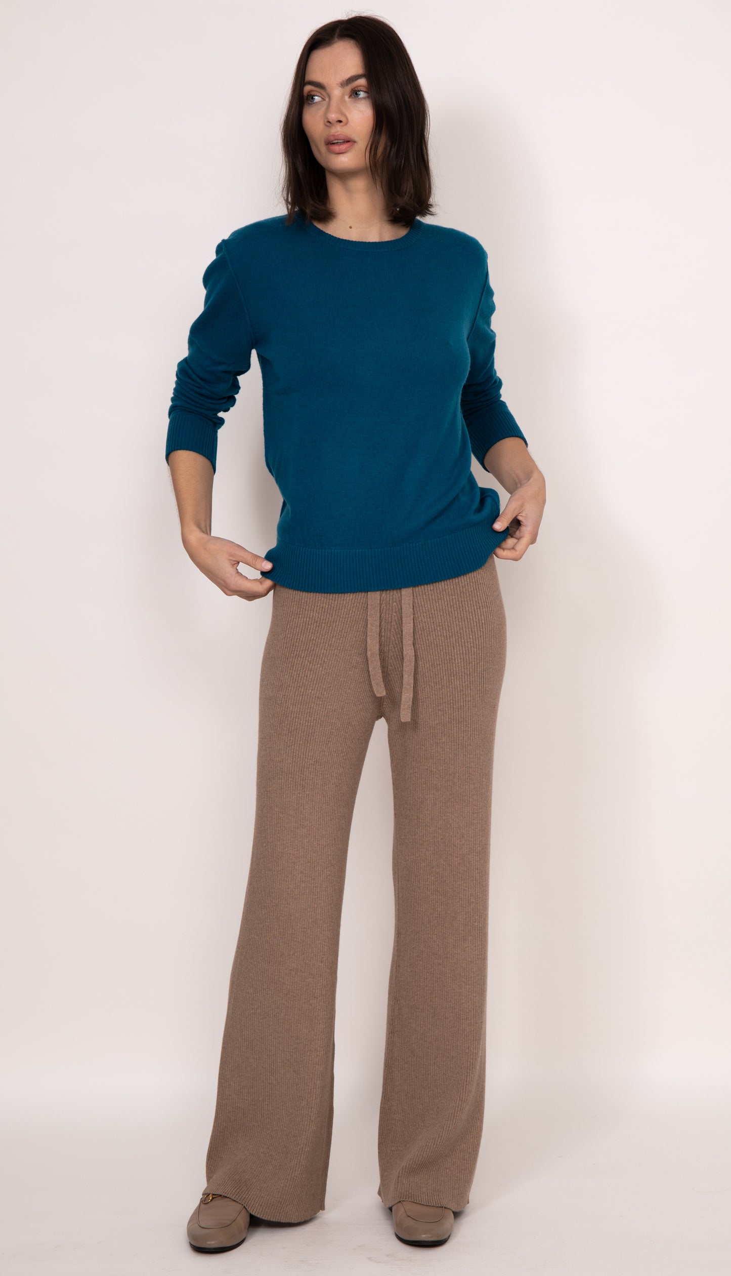 Rumi Ribbed Cashmere Blend Wide Leg Pants | Mocha