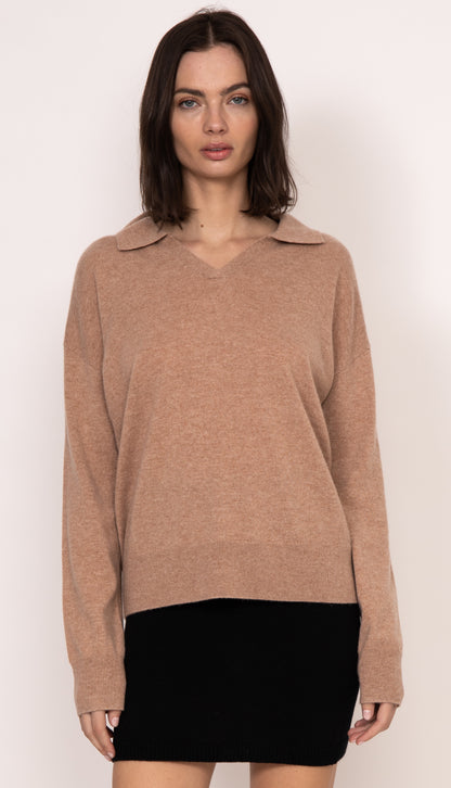 Luna collared cashmere crew | Almond