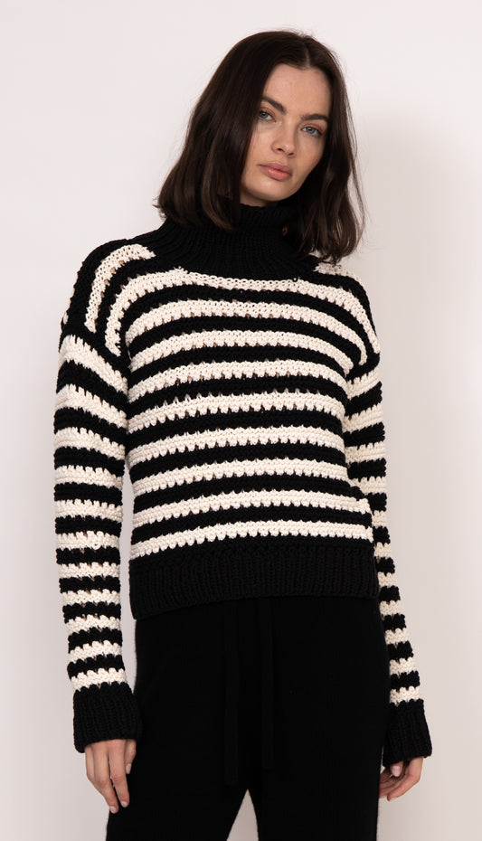 Moa handknit striped chunky eyelet cashmere turtleneck | Black