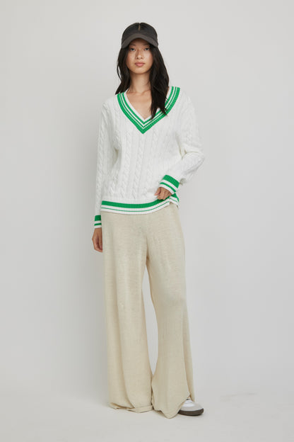Freya V-Neck Tennis Sweater | Ivory/Green