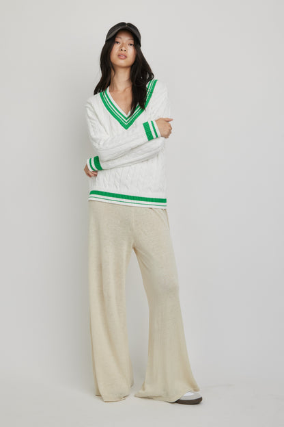 Freya V-Neck Tennis Sweater | Ivory/Green